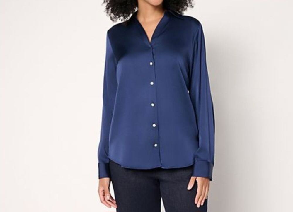 Denim & Co Satin Button Front Blouse Top Size XL Navy A668767 NWOT Holiday